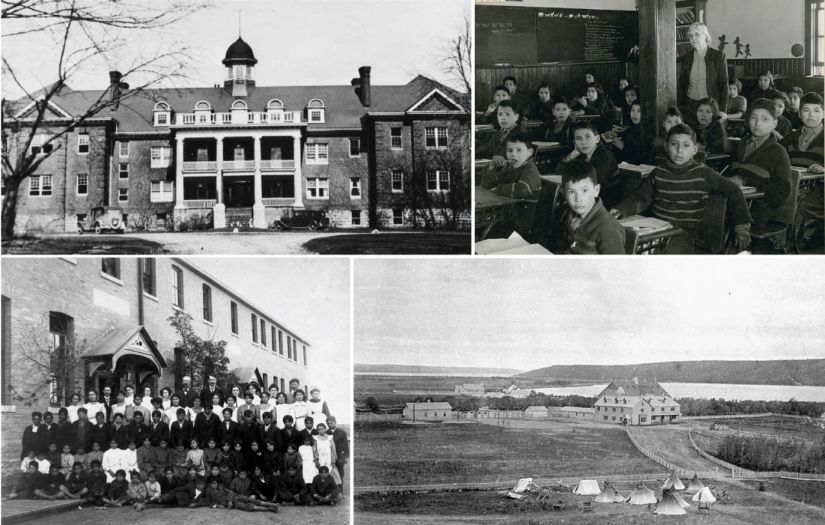 Top left: The Mohawk Institute Indian Residential School in Ontario in 1932. Top right: Students and a teacher at the All Saints Indian Residential School in Saskatchewan in 1945. Bottom left: Students and staff at an Indian School in Saskatchewan in 1908. Bottom right: The Qu’Appelle Indian Industrial School in Saskatchewan around 1885.