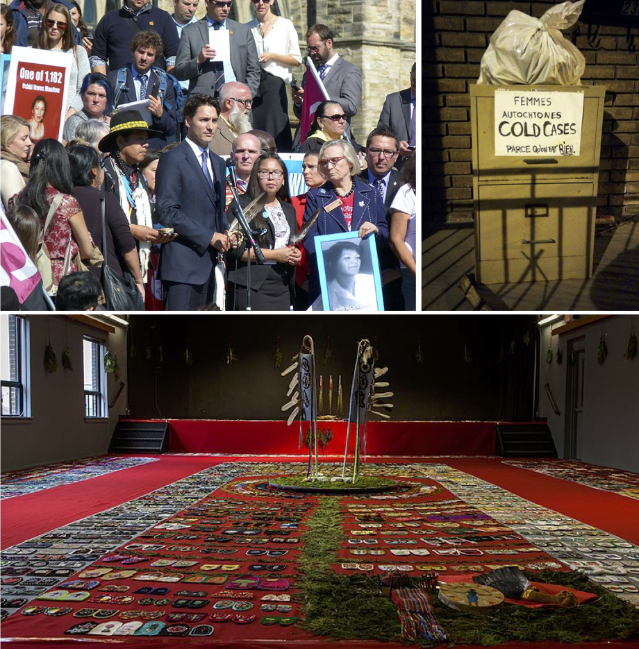 On the left, Canadian Prime Minister Justin Trudeau speaking in front of Parliament in 2016 about missing and murdered indigenous women. On the right, a 2016 art installation depicting the backlog of unsolved cases with a sign proclaiming “Indigenous women cold cases. Because we do nothing”. On the bottom, A community-based art installation at Algoma University in 2016 to commemorate murdered or missing women from indigenous communities.