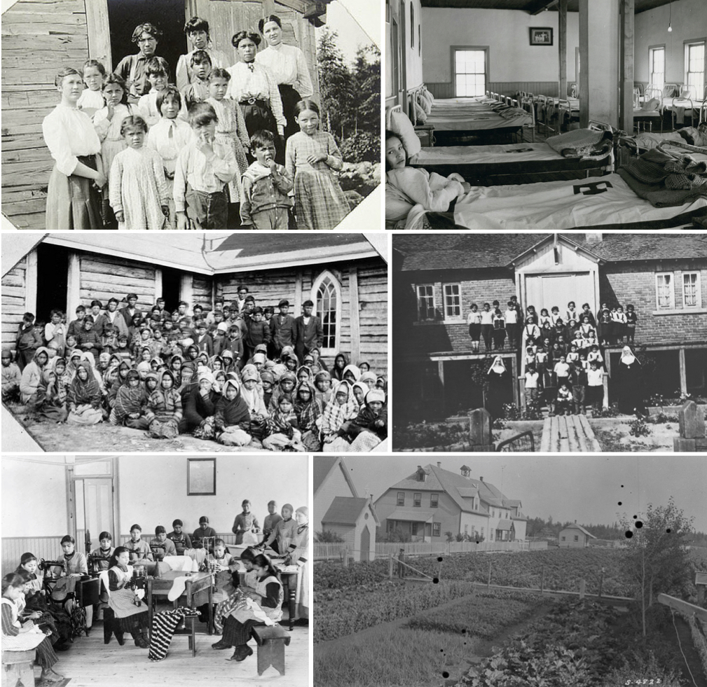 Top left: An Indian Day School at Bear Island, Ontario in 1906. Top right: The dormitory of the All Saints Indian Residential School in 1945. Middle left: Students and staff of an Indian Day School in Ontario. Middle right: Children and nuns around 1950 at an Indian Residential School in Quebec. Bottom left: Female students sewing at an Indian Residential School in the Northwest Territories. Bottom right: The farm at St. Luke's English Church Mission School in the Northwest Territories around 1922.