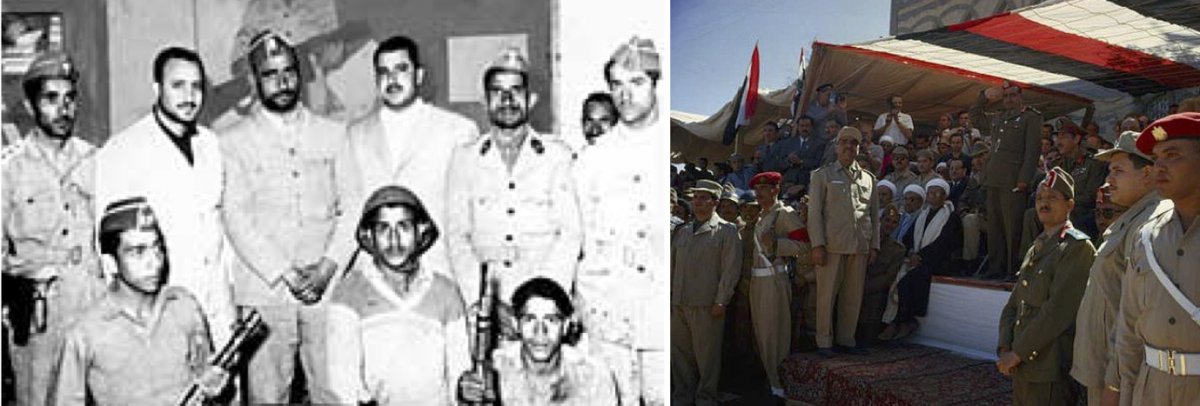 On the left, Abdullah Salal in the center with the heads of the coup in 1962. On the right, Salal at a military parade in 1963.