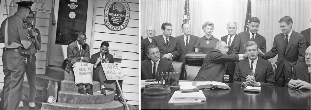 On the left, a 1964 protest against housing discrimination in Seattle, Washington. On the right, President Lyndon Johnson with members of the Kerner Commission in 1967.