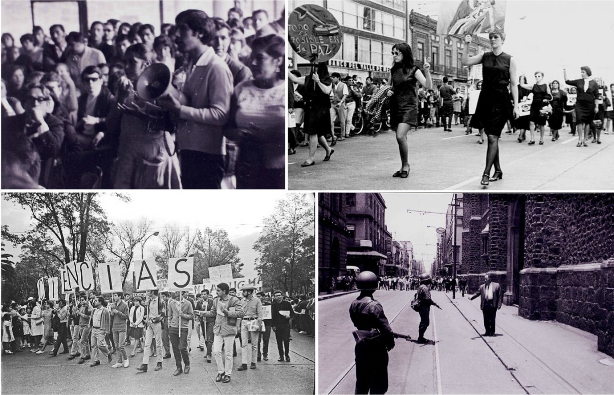 At the top left, a meeting of graduate students in August 1968. At the top right, students protesting in September 1968 with one student’s sign reading: Everything is possible in peace. At the bottom left, students demonstrating in August 1968. At the bottom right, a teacher speaking with soldiers as students demonstrate in the background in July 1968.