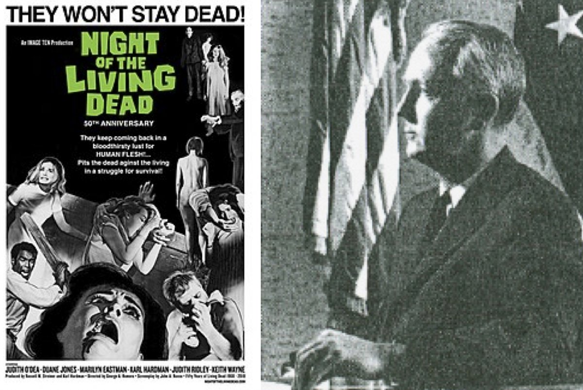 On the left, the theatrical poster for the Night of the Living Dead. On the right, John Gordon Mein, the American ambassador to Guatemala.