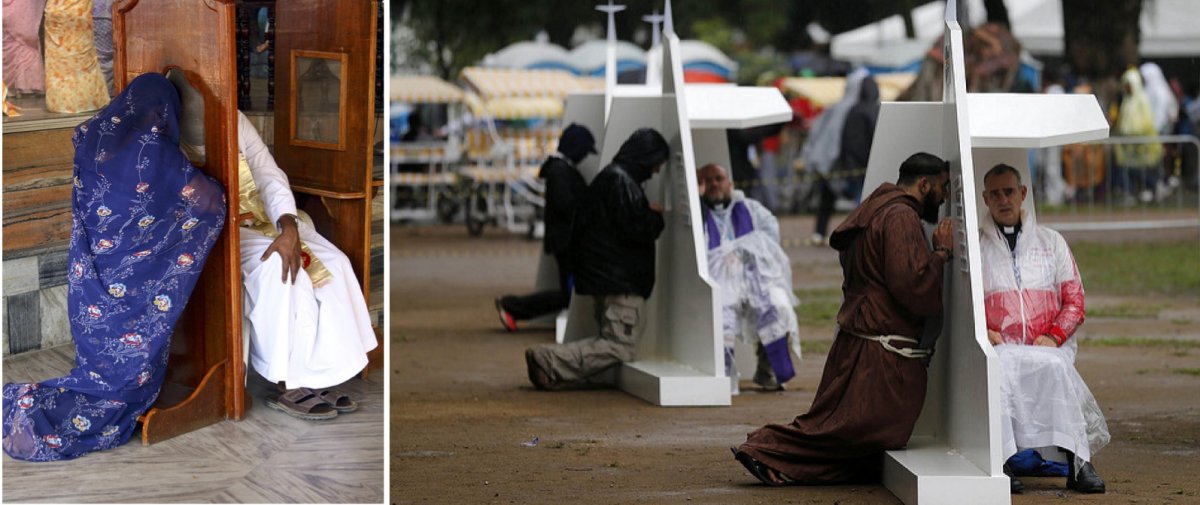 A confessional in India (left). Temporary confessional booths set up in Rio de Janeiro, Brazil during Pope Francis’s visit in 2013 (right).