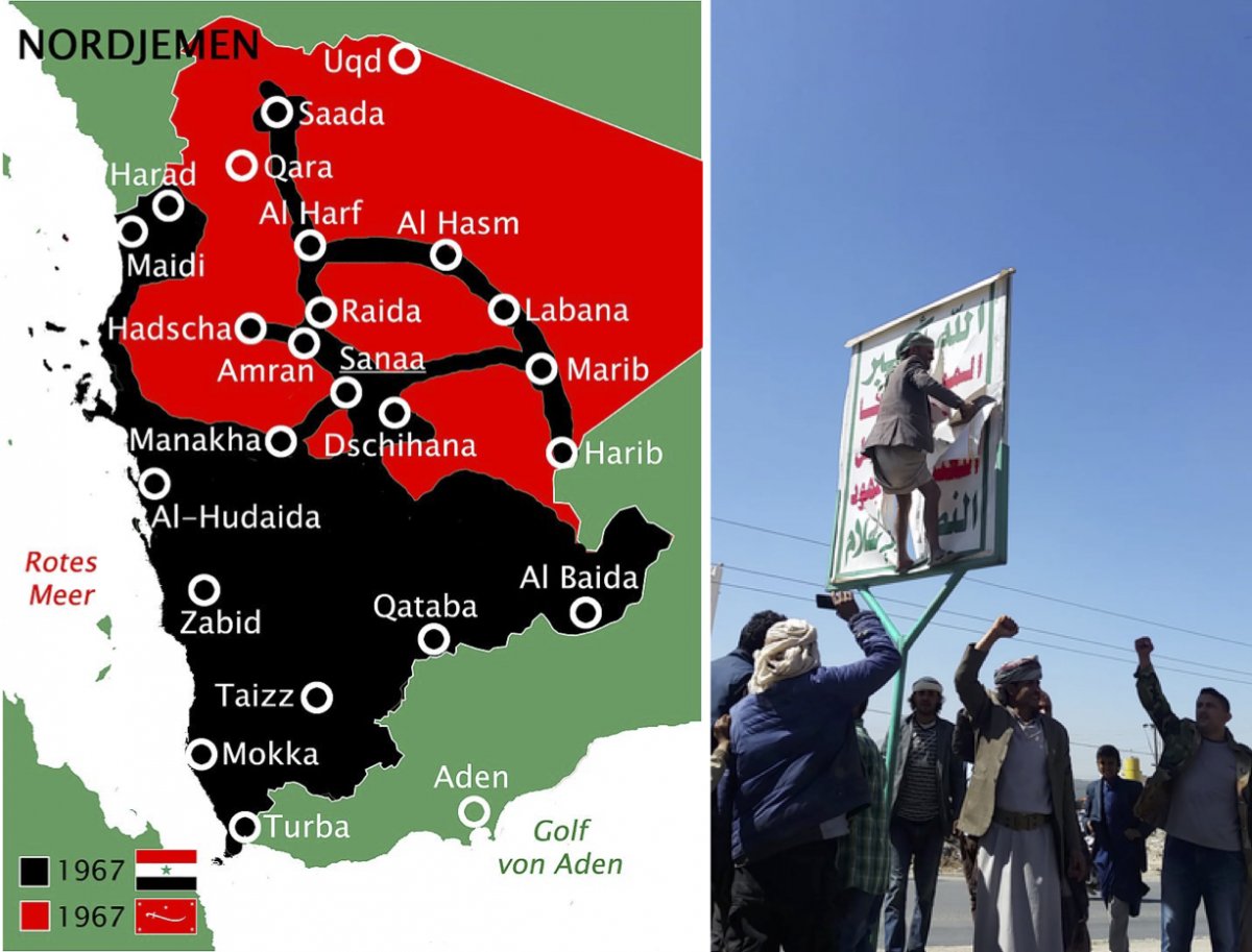 On the left, a map of the conflict in North Yemen between Republicans (black) and Zaydi Royalists (red) in 1967. On the right, anti-Houthi protests in Sana’a in 2017.