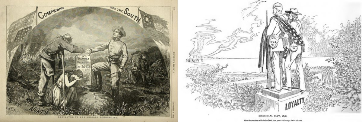 On the left, an 1864 illustration from Harper’s Weekly warning against compromising with the South and thereby traipsing over the graves of the Union dead. On the right, a 1898 cartoon during the U.S. war with Spain celebrated national reconciliation and 'loyalty.'