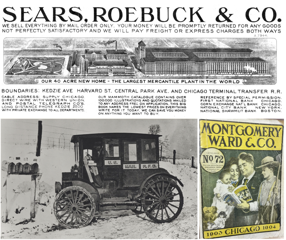 At the top, Sears, Rosebuck & Co. offered free delivery through the Post Office's Rural Free Delivery service. On the bottom left, a Rural Free Delivery (RFD) carrier using an automobile in 1910. On the bottom right, the 1904-04 Montgomery Ward & Co. catalogue had over 1,000 pages of merchandise.