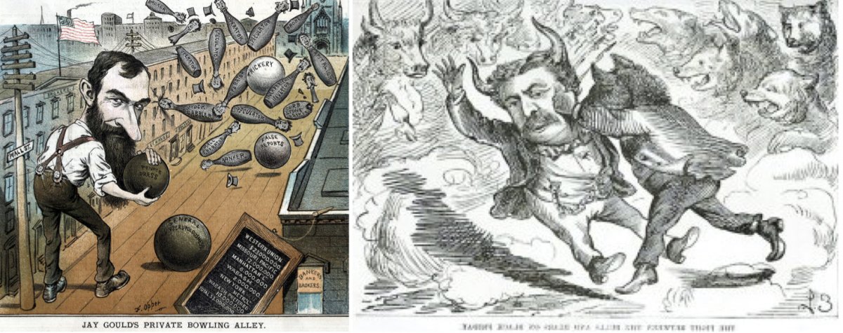 On the left, an 1882 cartoon showing Jay Gould on Wall Street, depicted as a bowling alley. On the right, a cartoon depicting James Fisk being knocked down by a bear market on Black Friday 1869.
