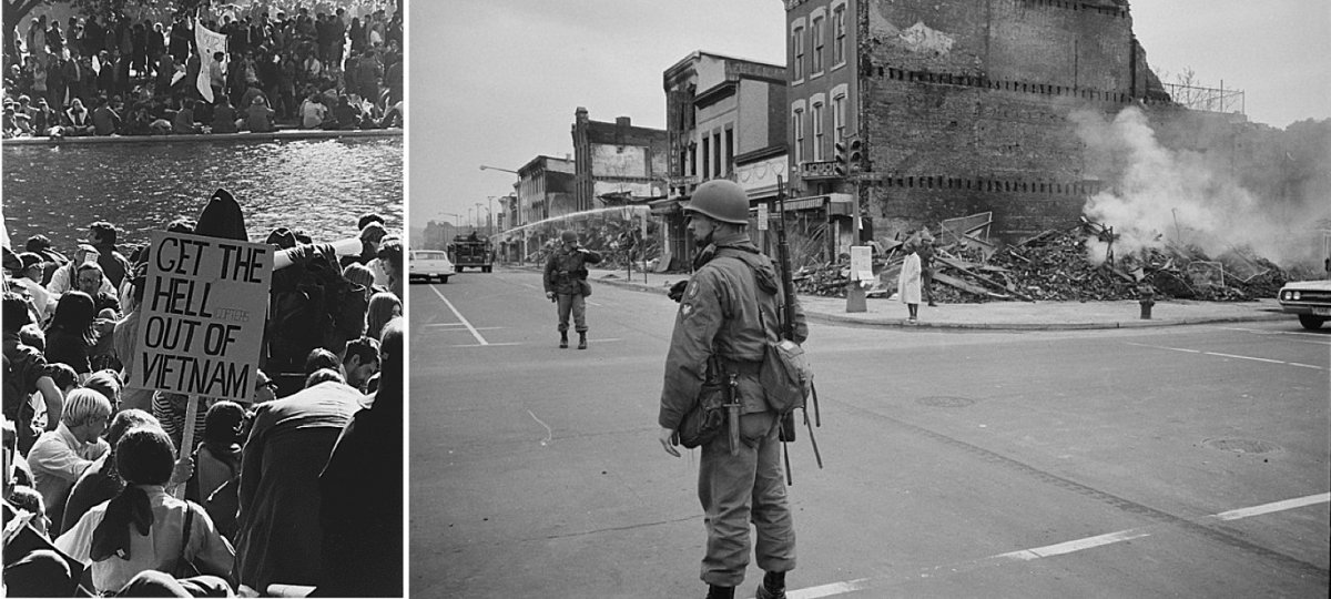 On the left, a 1967 protest against the Vietnam War in Washington, D.C. On the right, a soldier standing guard in Washington, D.C. after riots following the assassination of Martin Luther King, Jr. in April 1968.