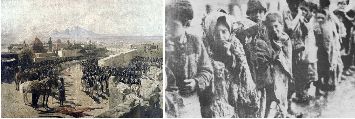 On the left, Russian troops capturing Erivan fortress in 1827. On the right, orphan children from the Armenian Genocide.