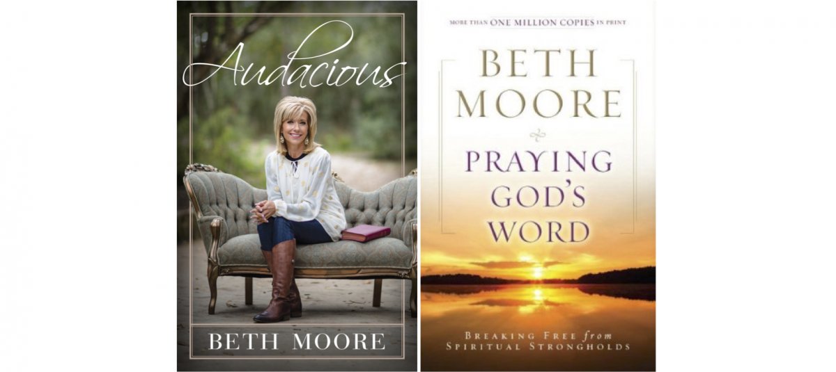 On the left, the cover of Beth Moore’s 2015 book, Audacious. On the right, the cover of Beth Moore’s 2009 best selling book.