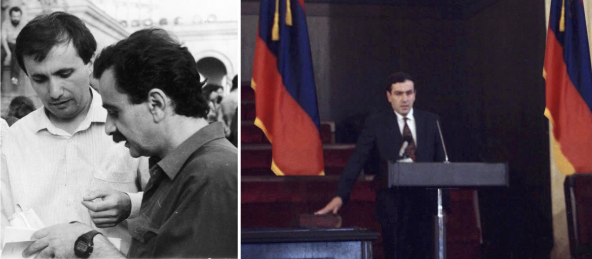 On the left, Karabakh Committee member Ashot Manucharyan with Ashot Dabaghyan. On the right, the inauguration of Armenia's first president.