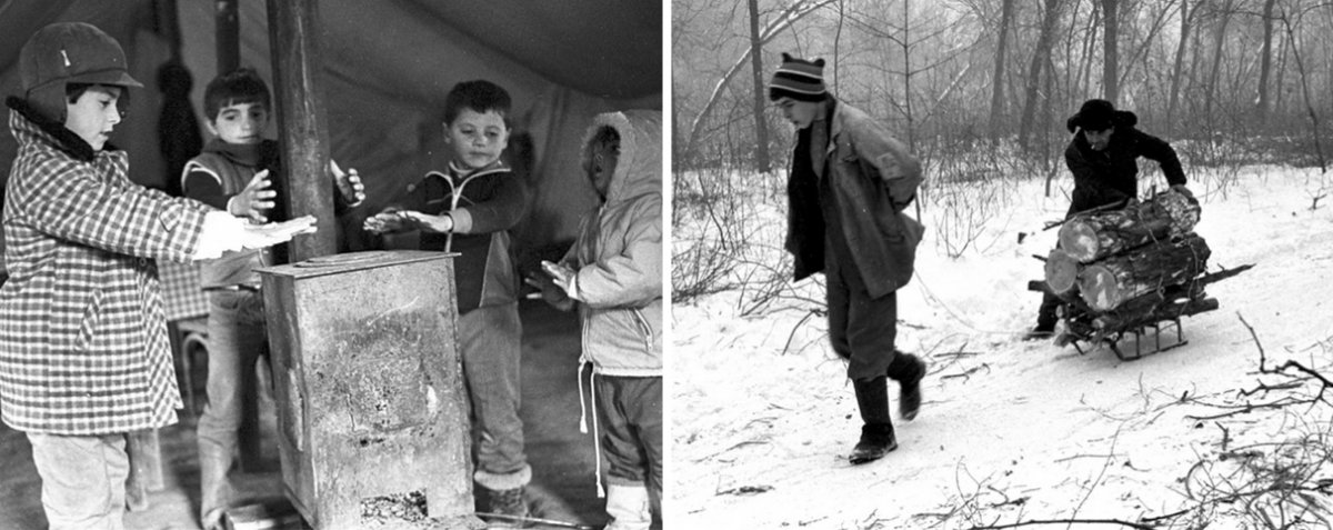 On the left, Armenian children struggling to keep warm. On the right,  a boy and his father bringing home firewood during the energy crisis of the 1990s.