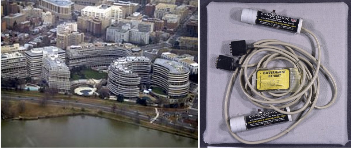 On the left, the Watergate Complex in the Foggy Bottom neighborhood of Washington, D.C. On the right, chapstick tubes outfitted with small microphones used during the Watergate burglary and discovered in a White House safe.