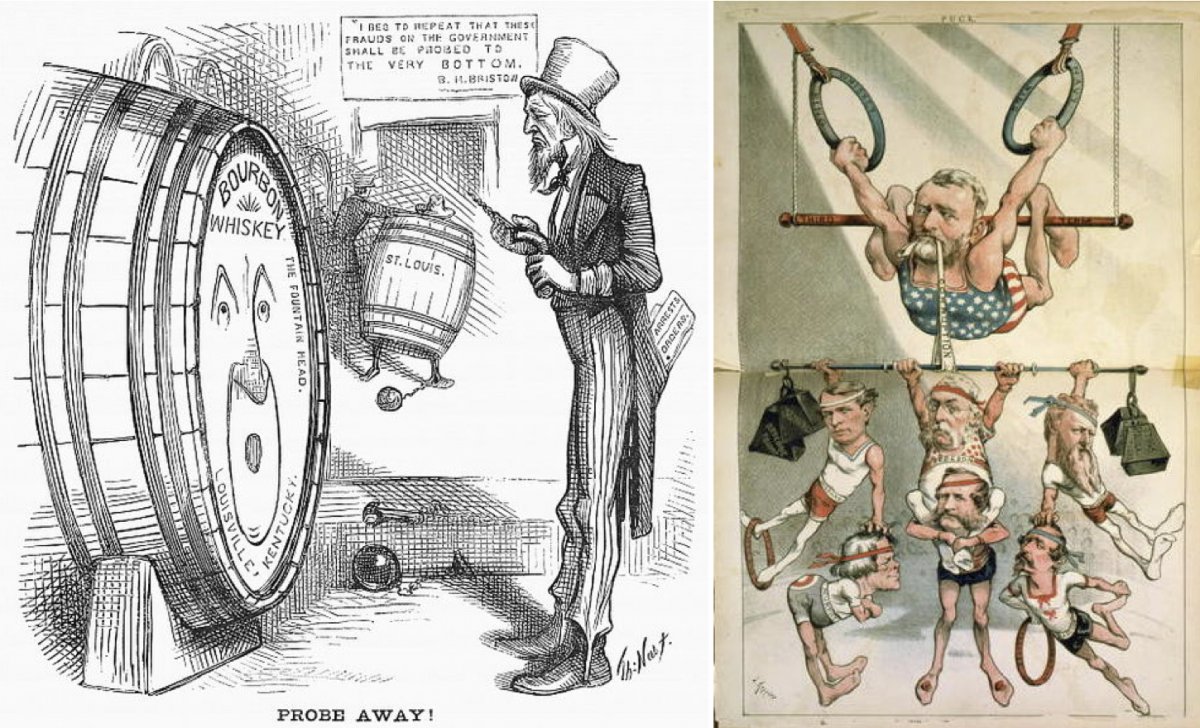On the left, an 1876 Thomas Nast cartoon on the Whiskey Ring. On the right, an 1880 cartoon showing Ulysses S. Grant on a trapeze holding onto a 'third term,' 'whiskey ring,' and a 'Navy ring' with 'corruption' in his mouth.