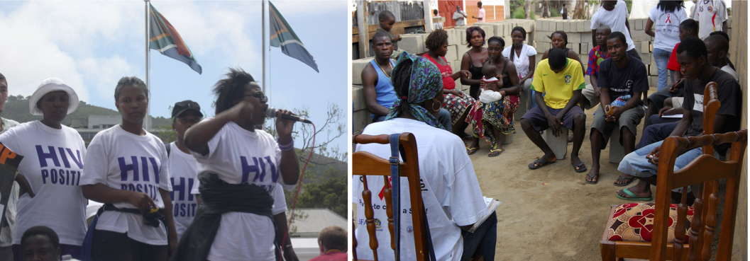 On the left, treatment Action Campaign activists. On the right, a 2006 outreach session about HIV/AIDS in Angola.