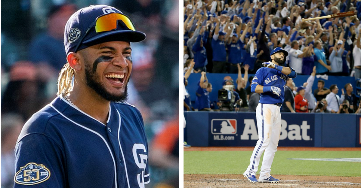 On the left, Fernando Tatis Jr., the next Latin superstar. On the right, Jose Bautista’s famous bat flip from the 2015 ALDS.