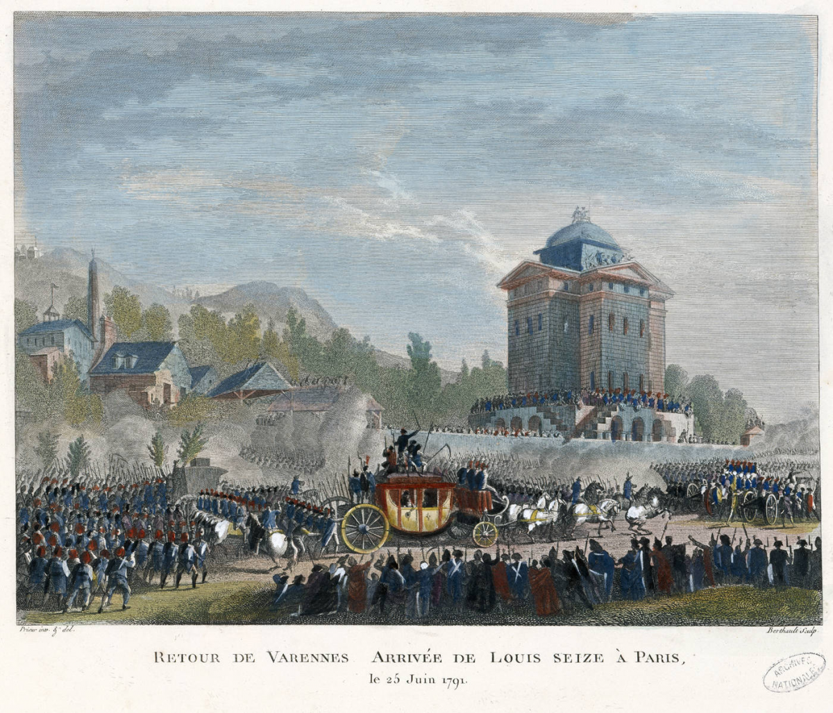 Colorized version of Jean-Louis Prieur's drawing depicting the return of the royal family from Varennes to Paris, following their attempt to flee to the Austrian Netherlands in June 1791