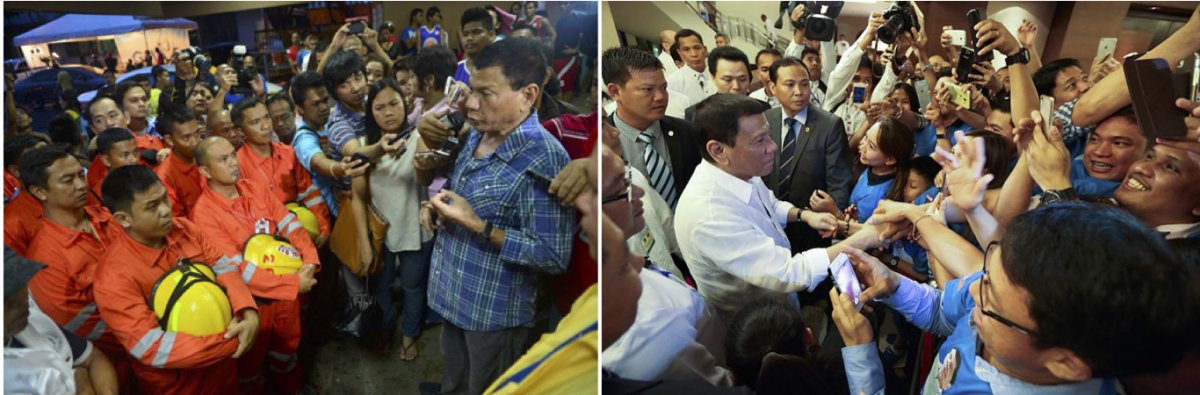 On the left, President Duterte with volunteers aiding survivors of super typhoon Haiyan. On the right, President Duterte visiting Filipinos living in Vietnam.