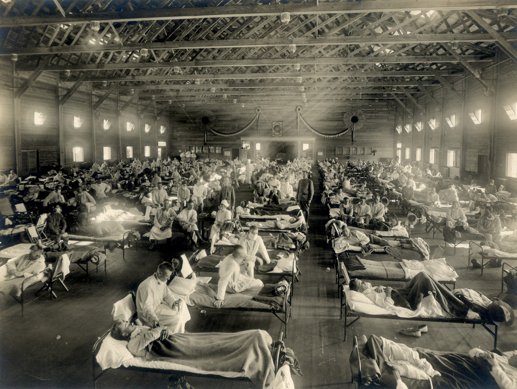 A makeshift influenza hospital at Camp Funston, 1918.