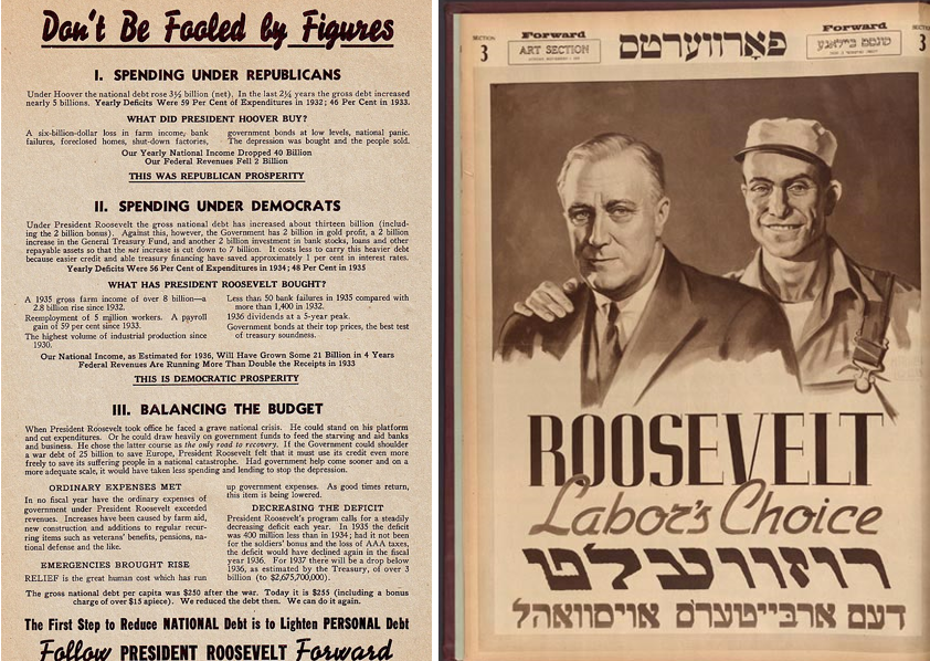 On the left, a re-election campaign handbill for FDR. On the right, the cover of the Yiddish socialist daily 'Forward.'