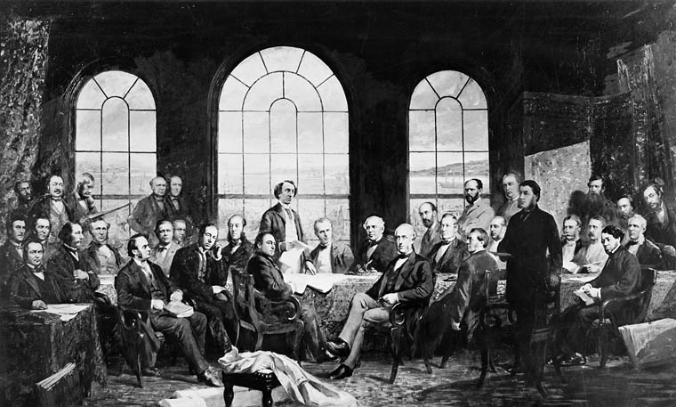Depiction of negotiations leading to the British North America Act of 1867.