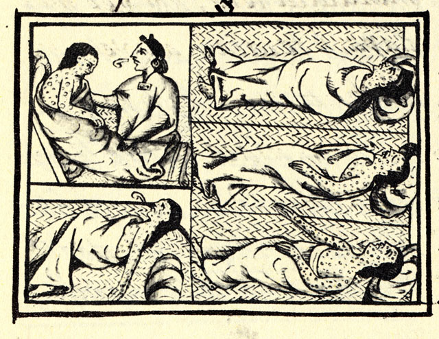 The 16th century Florentine Codex depicts the indigenous population of Mexico, succumbing to smallpox during the conquest era