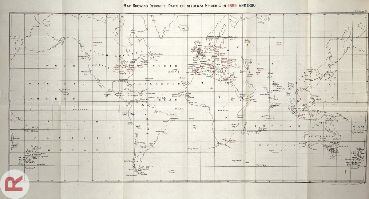 Map of influenza cases worldwide, 1889-1890.