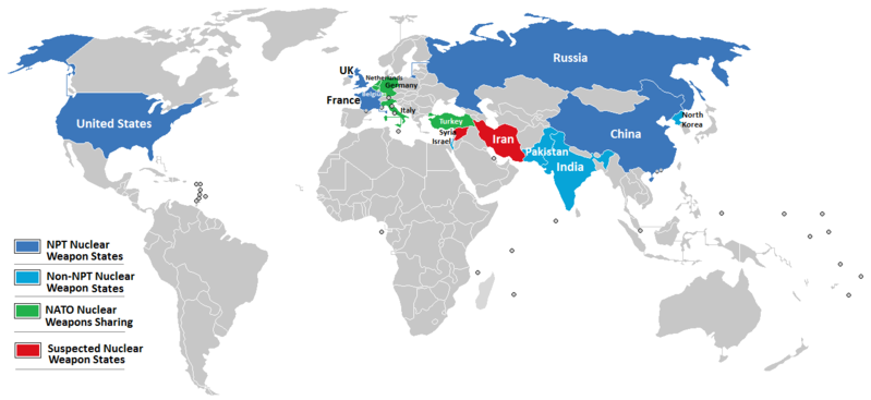 A map depicting the nations that possess or are suspected to possess nuclear weapons.