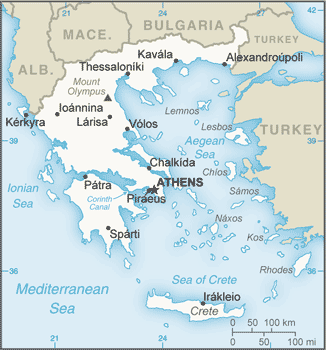 Map of Greece and neighboring countries.