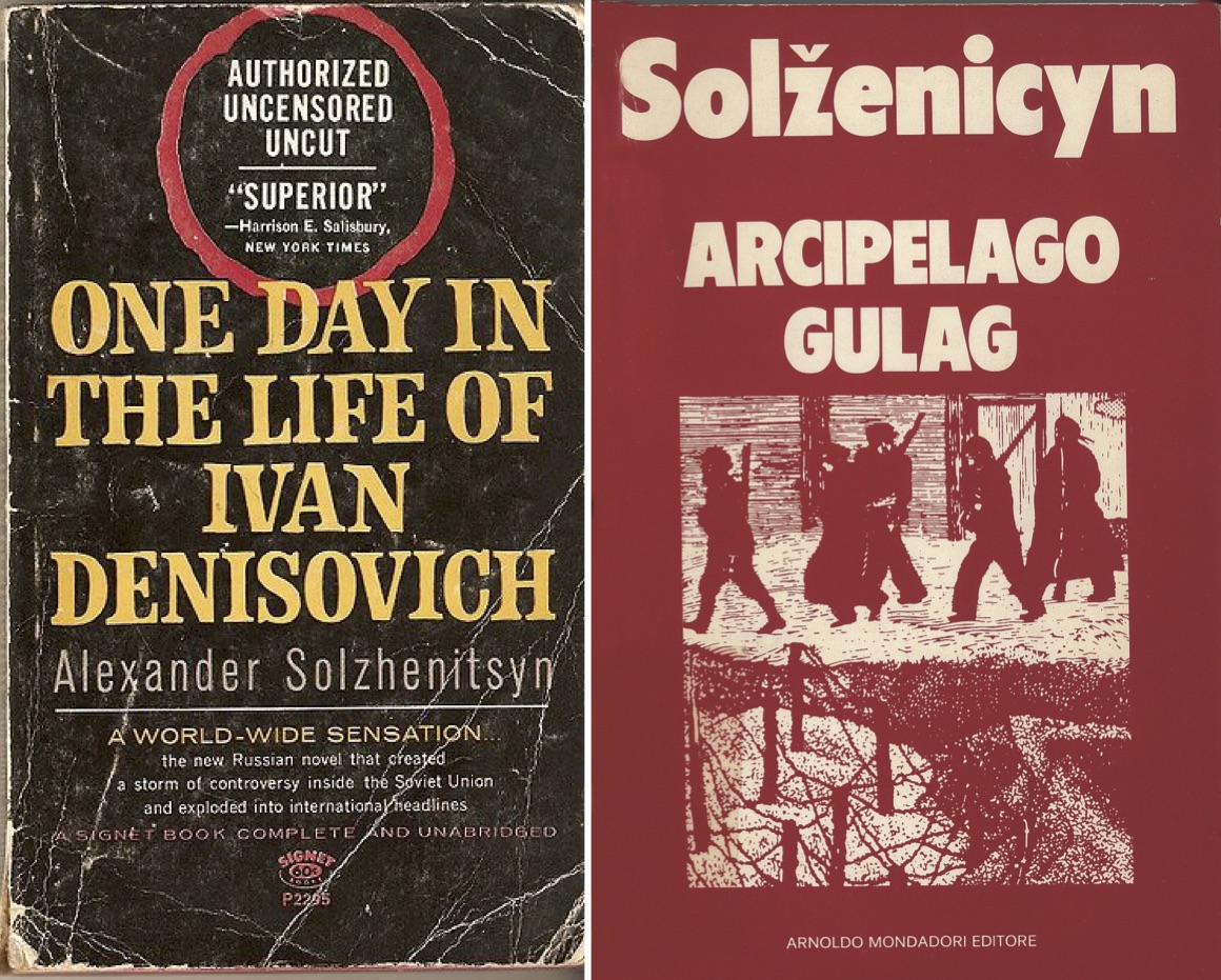 On the left, the cover of One Day in the Life of Ivan Denisovich. On the right, the cover of Gulag Archipelago.