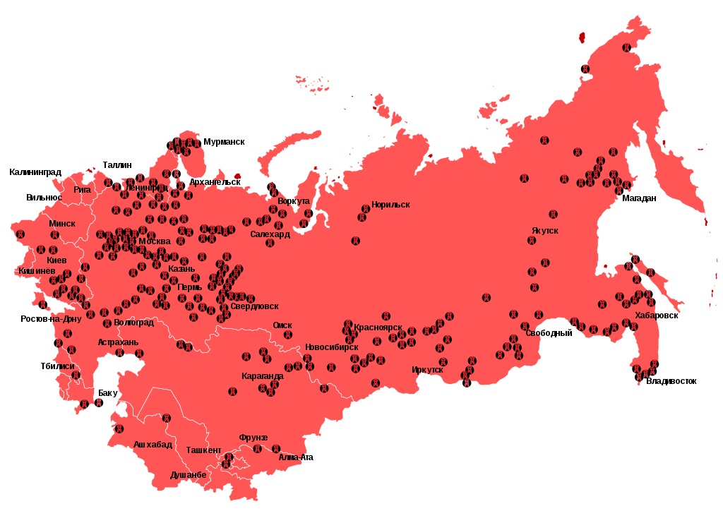 A map showing the location of Gulags.