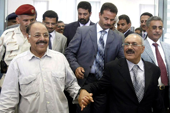Vice President of Yemen and Deputy Supreme Commander of Yemeni Armed Forces Ali Muhsin al-Ahmar (left) with President Ali Abdullah Saleh (right) in 2011.