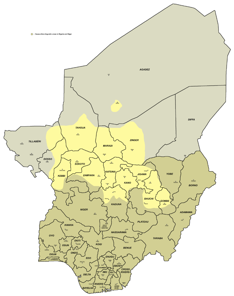 Hausa-speaking areas of Nigeria in yellow.