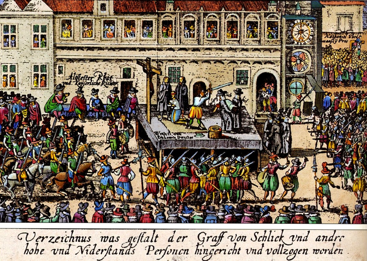 A woodcut depicting the execution of Bohemian Protestant leaders in Prague.