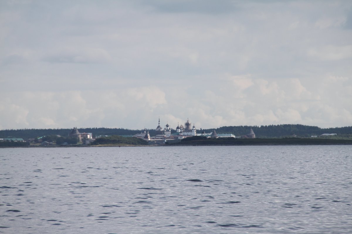 The Solovetskii Islands and the Solovetskii Monastery as they come into view from the ferry.