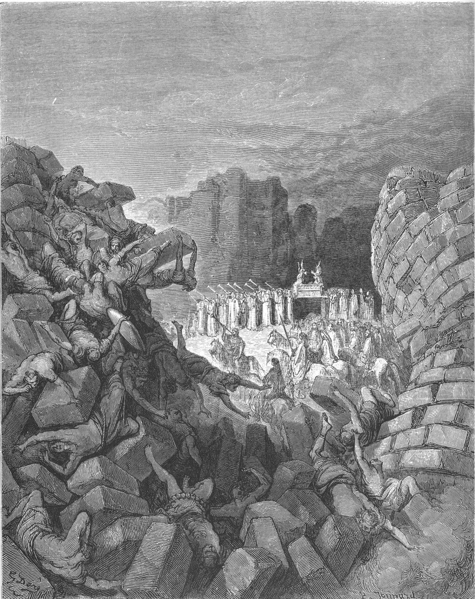 The walls of Jericho come tumbling down (Book of Joshua).