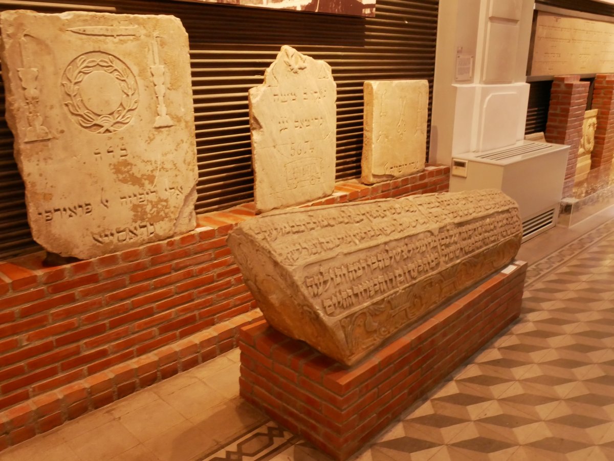 Broken headstones displayed in the foyer of the Jewish museum.