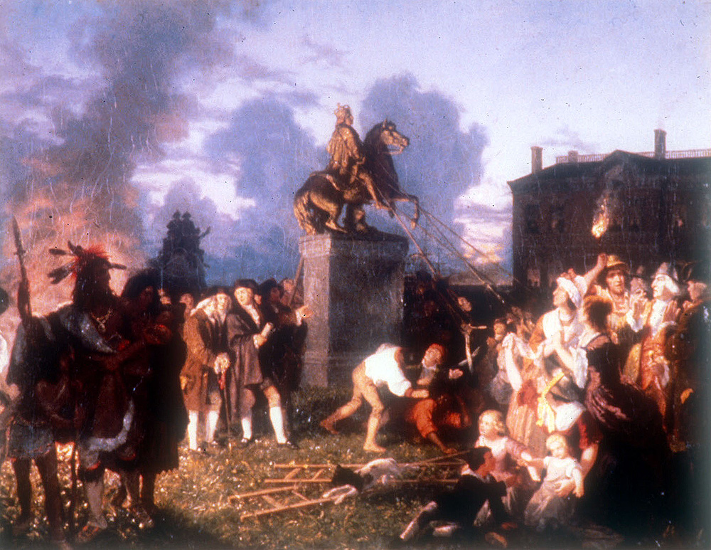 This painting, which dates from 1859, reimagines the toppling of the equestrian statue of George III in New York City.
