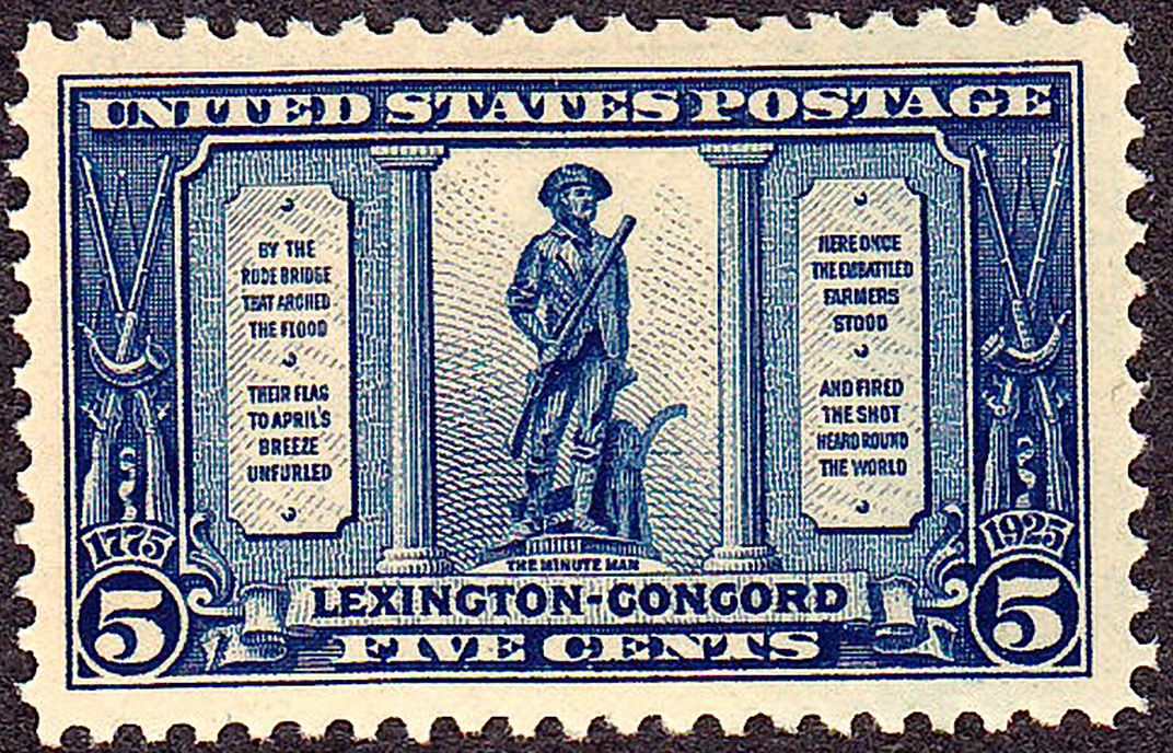 This stamp features the first stanza of Ralph Waldo Emerson's 'Concord Hymn.'