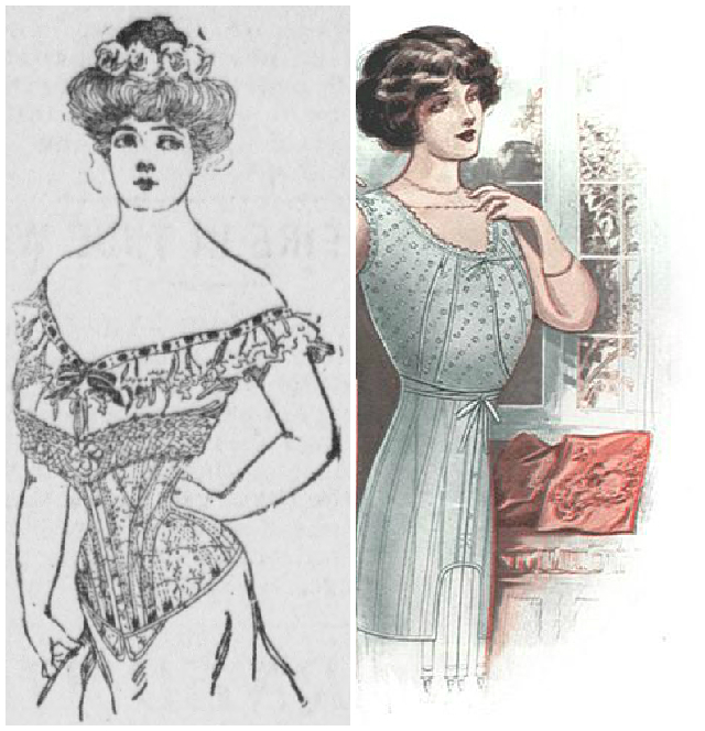 This sketch on the left from 1904 presents an early version of the corset. On the right is a corset sketch from 1913.