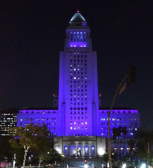 The City Hall of Los Angeles colored purple in commemoration of the Genocide 2015.