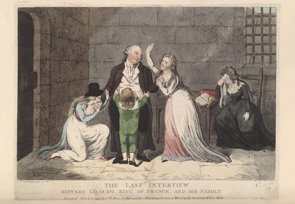 Illustration of Louis XVI meeting with his family just before his execution on January 20, 1793