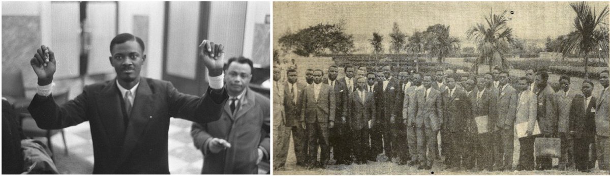On the left, future Prime Minister Patrice Lumumba showing the injuries to his wrists. On the right, Patrice Lumumba and his cabinet.