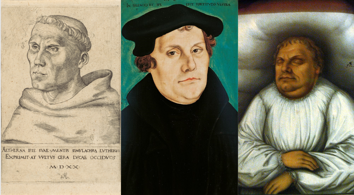 On the left, the earliest depiction of Martin Luther by Cranach the Elder. In the middle, Cranach's most famous depiction of Luther. On the right, Luther on his deathbed in 1546 painted by Cranach the Elder.