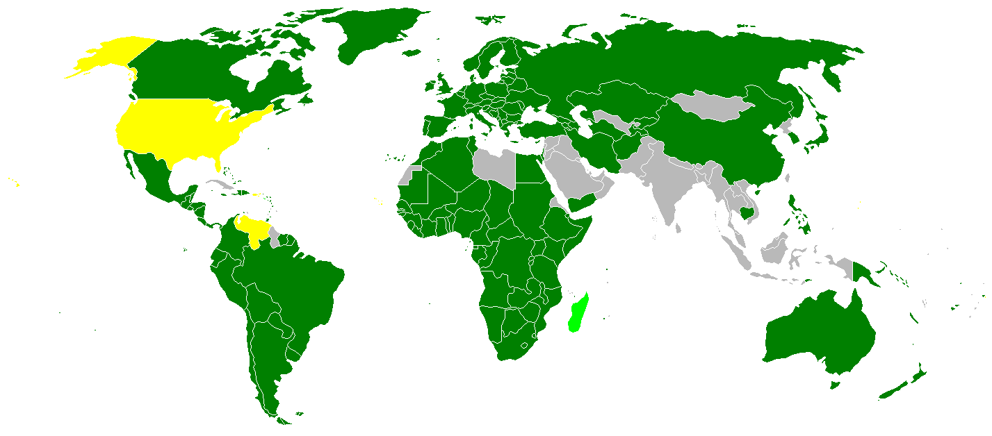 A map depicting the parties to the 1951 UN Convention Related to the Status of Refugees, parties to the 1967 protocol, parties to both the convention and protocol, and non-members.