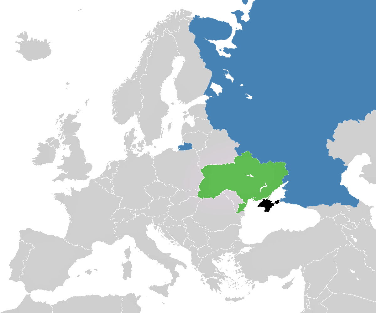 Map of Russia (blue), Ukraine (green), and Crimea (black).
