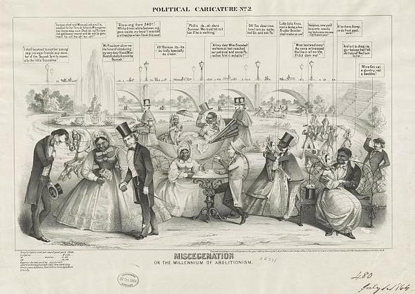An 1864 political cartoon depicting a ludicrous version of the results of racial equality as allegedly proposed by the Republican Party.