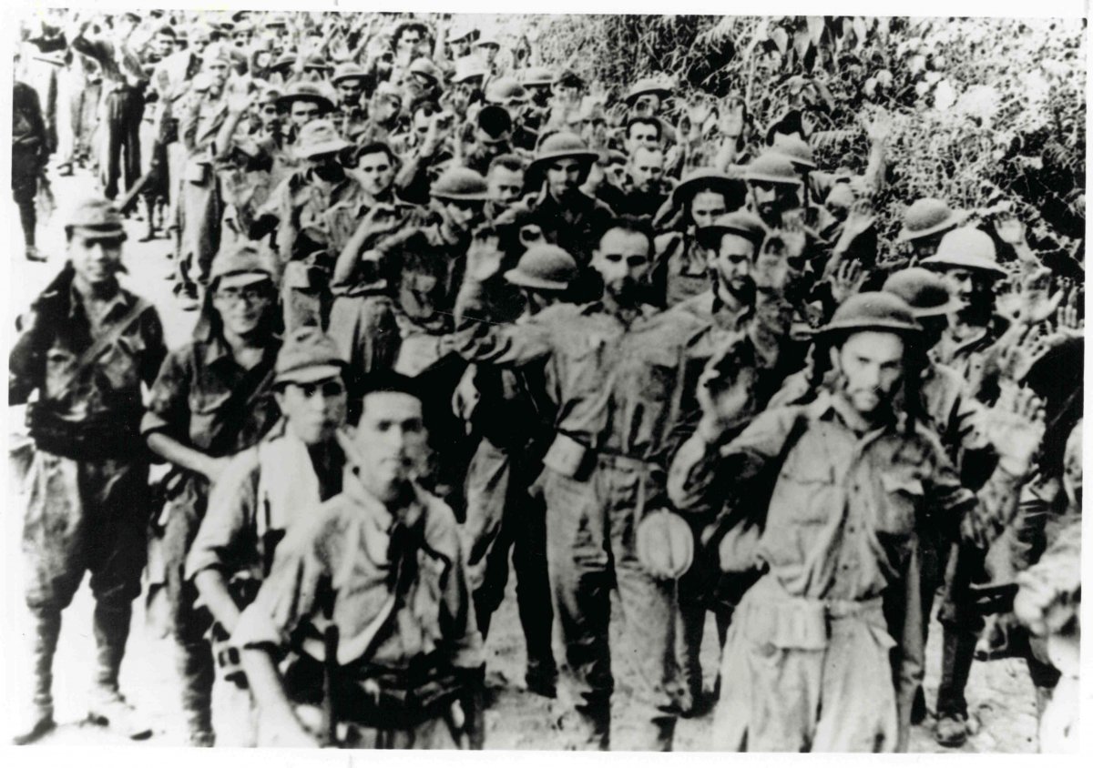 Captured Filipino and U.S. soldiers at the outset of the Bataan Death March.