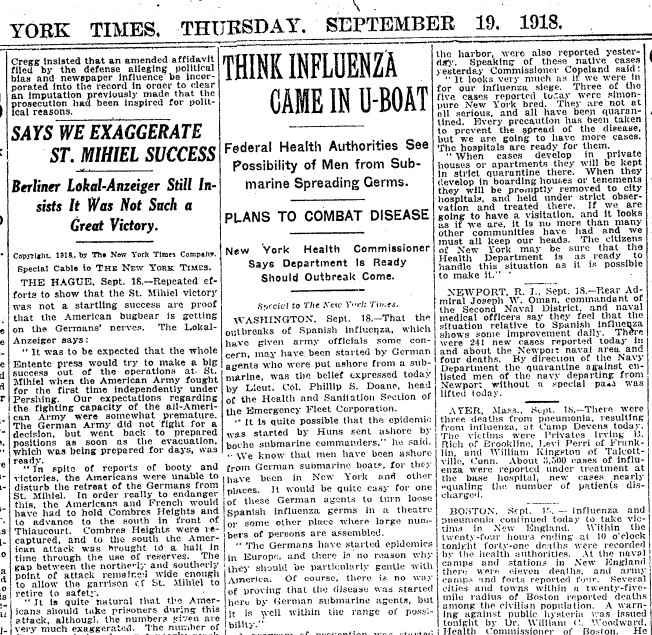 An article in The New York Times on the role of German U-Boats in spreading influenza.